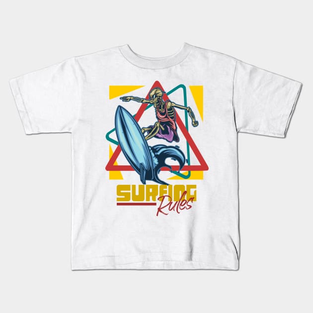 Surfing Rules skull surfer vintage retro Kids T-Shirt by SpaceWiz95